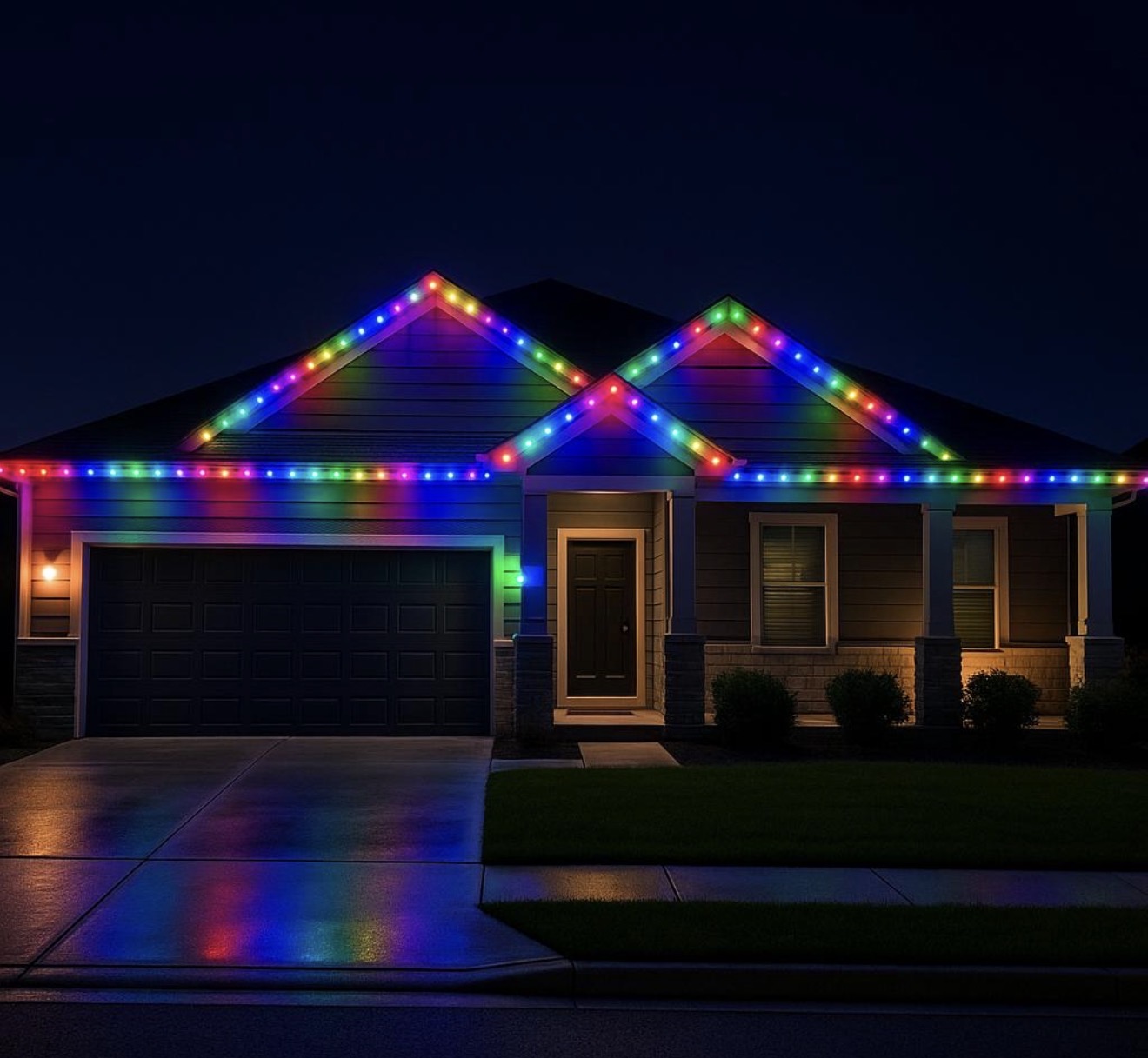 Home with customized multicolor permanent outdoor lighting