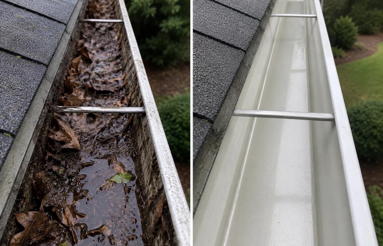 Before-and-after view of a debris-filled gutter and the cleared gutter channel