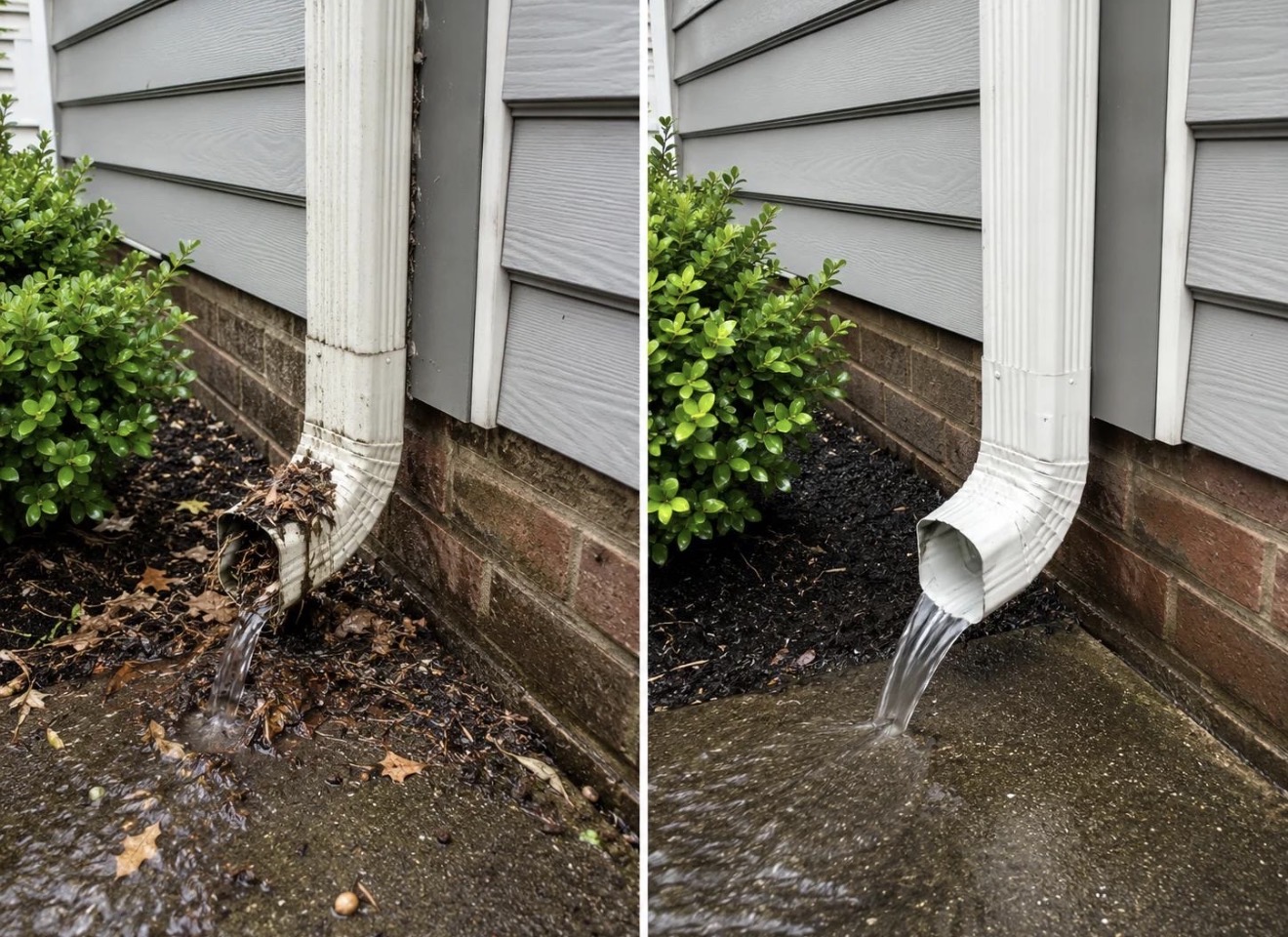 Before-and-after view of debris around a downspout outlet and water flowing after clearing