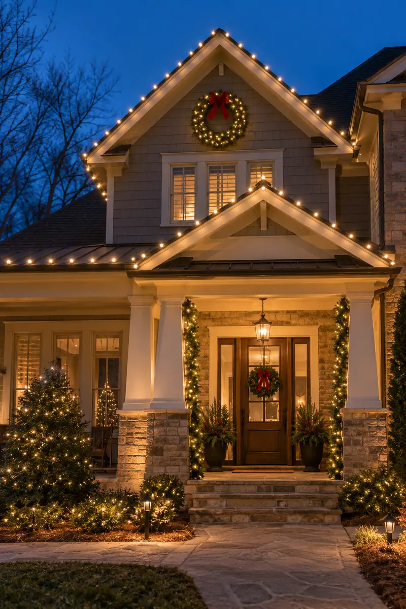 Warm white residential Christmas lighting display